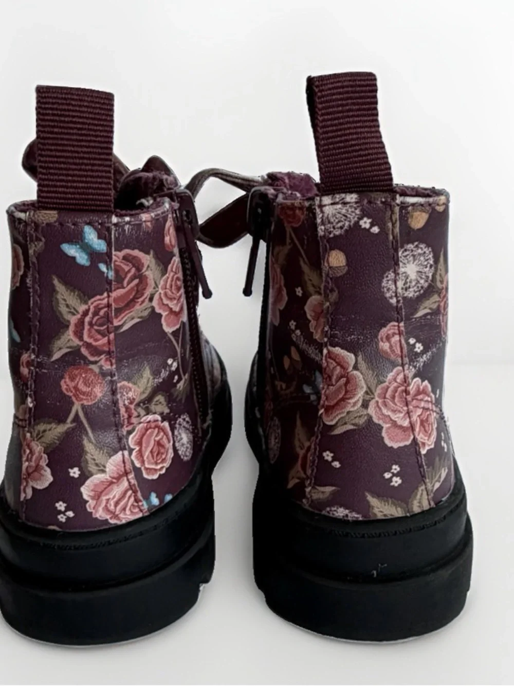 H&M Toddler Girls Floral Combat Boots Sz 6.5 Velvet Ribbon Laces Lug Sole Zipper